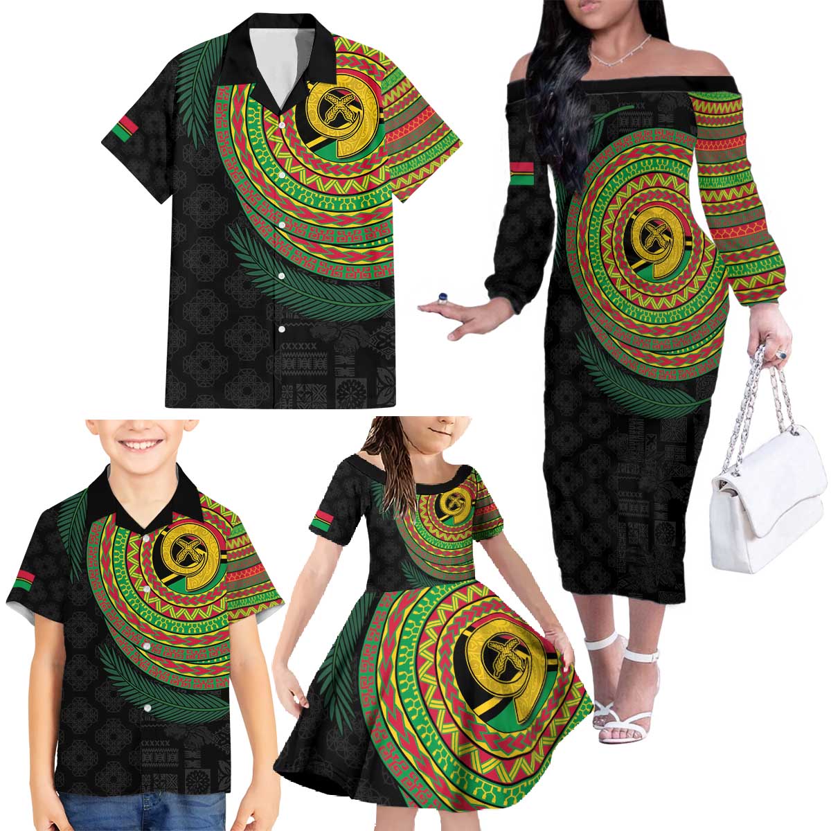 Vanuatu Tribal Tattoo with Namele Leaves Family Matching Off The Shoulder Long Sleeve Dress and Hawaiian Shirt