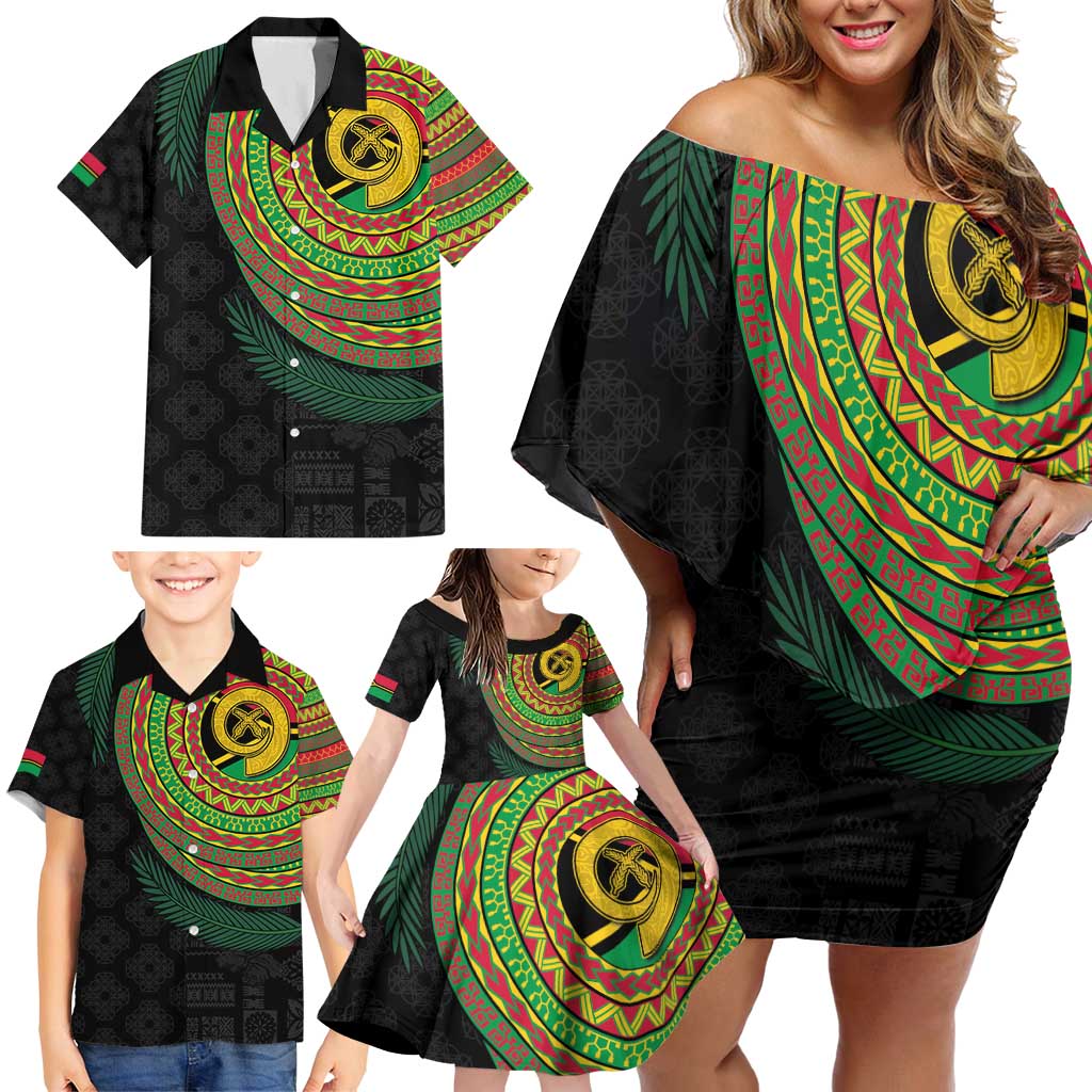 Vanuatu Tribal Tattoo with Namele Leaves Family Matching Off Shoulder Short Dress and Hawaiian Shirt