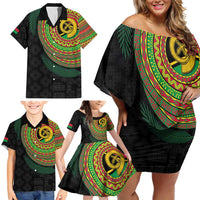 Vanuatu Tribal Tattoo with Namele Leaves Family Matching Off Shoulder Short Dress and Hawaiian Shirt