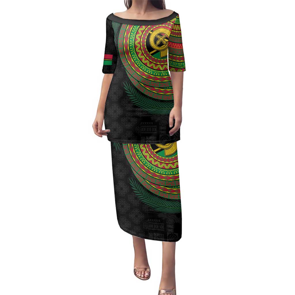 Vanuatu Tribal Tattoo with Namele Leaves Family Matching Puletasi and Hawaiian Shirt