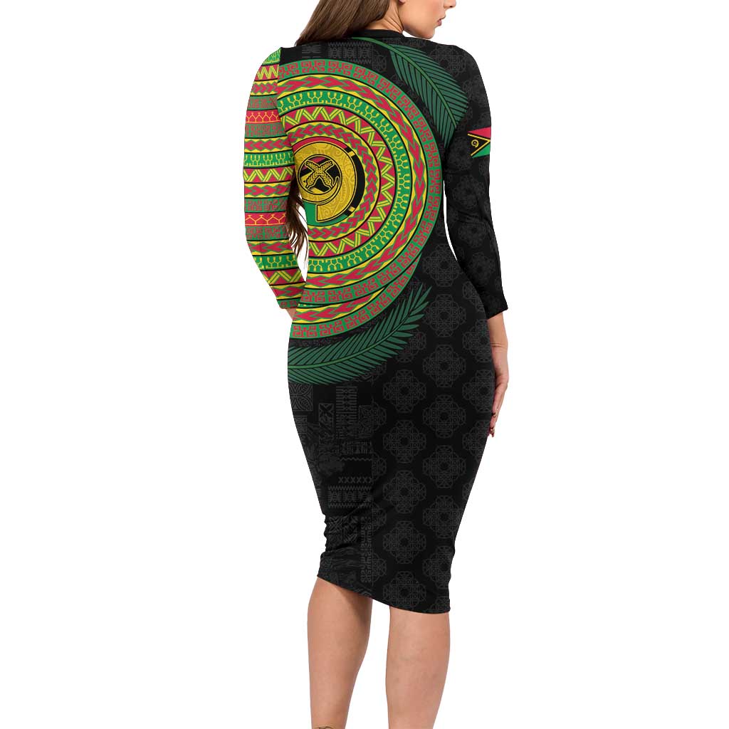 Vanuatu Tribal Tattoo with Namele Leaves Long Sleeve Bodycon Dress