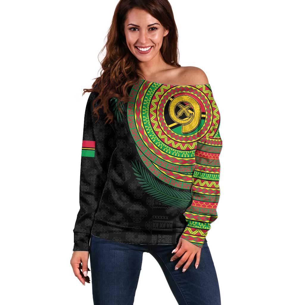 Vanuatu Tribal Tattoo with Namele Leaves Off Shoulder Sweater