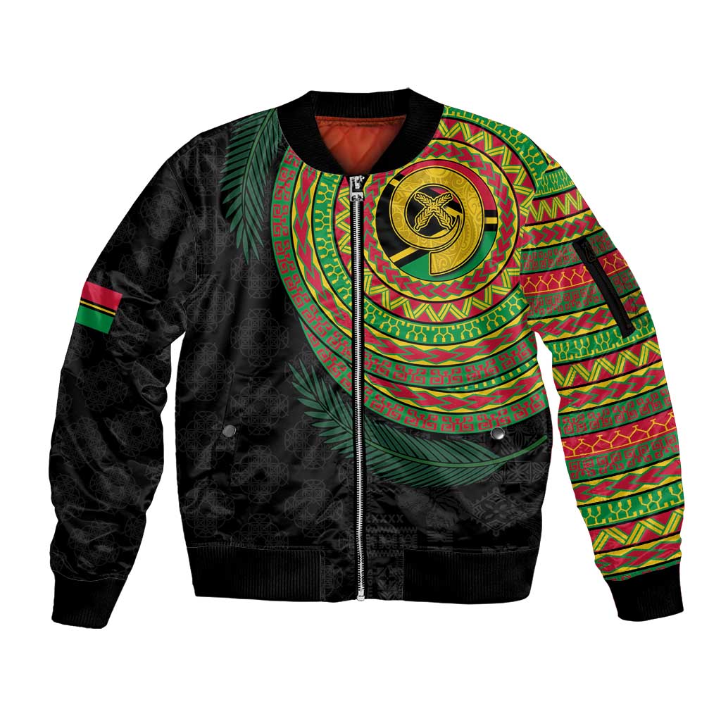 Vanuatu Tribal Tattoo with Namele Leaves Sleeve Zip Bomber Jacket