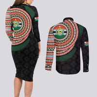 Penama Tribal Tattoo with Namele Leaves Couples Matching Long Sleeve Bodycon Dress and Long Sleeve Button Shirt LT03 - Polynesian Pride
