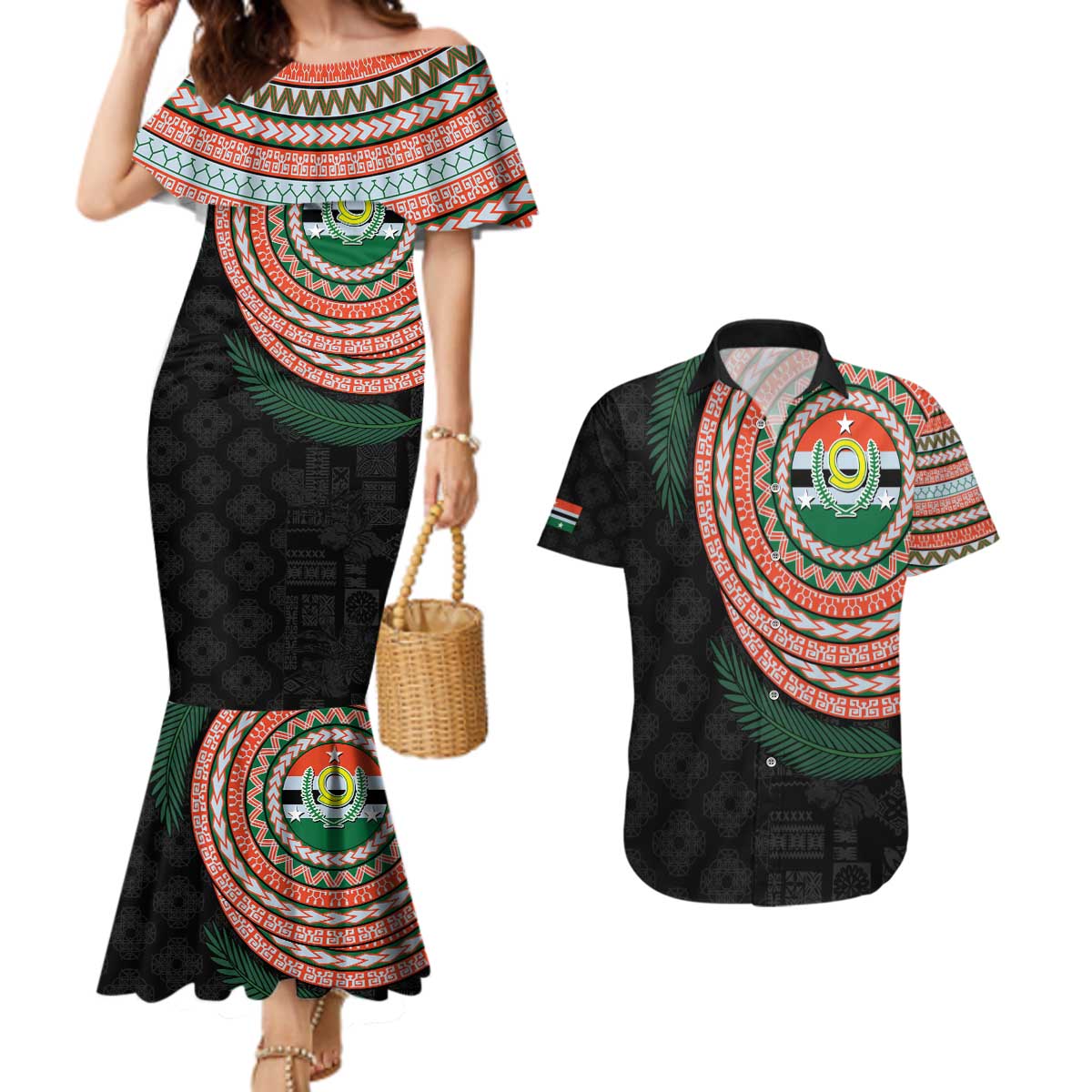 Penama Tribal Tattoo with Namele Leaves Couples Matching Mermaid Dress and Hawaiian Shirt LT03 Black - Polynesian Pride