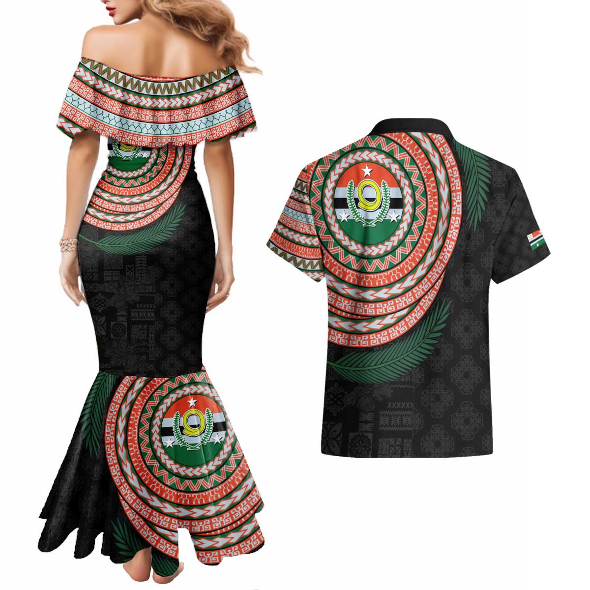 Penama Tribal Tattoo with Namele Leaves Couples Matching Mermaid Dress and Hawaiian Shirt LT03 - Polynesian Pride