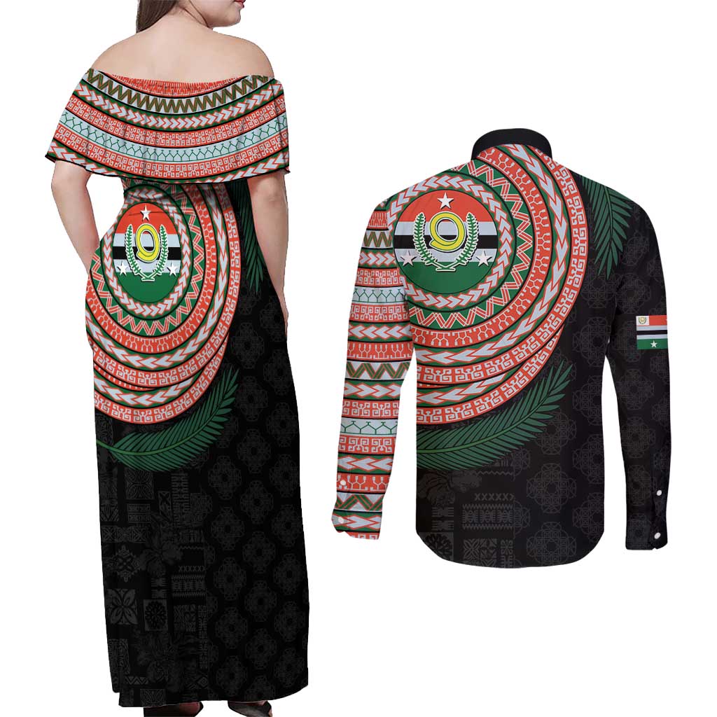 Penama Tribal Tattoo with Namele Leaves Couples Matching Off Shoulder Maxi Dress and Long Sleeve Button Shirt LT03 - Polynesian Pride