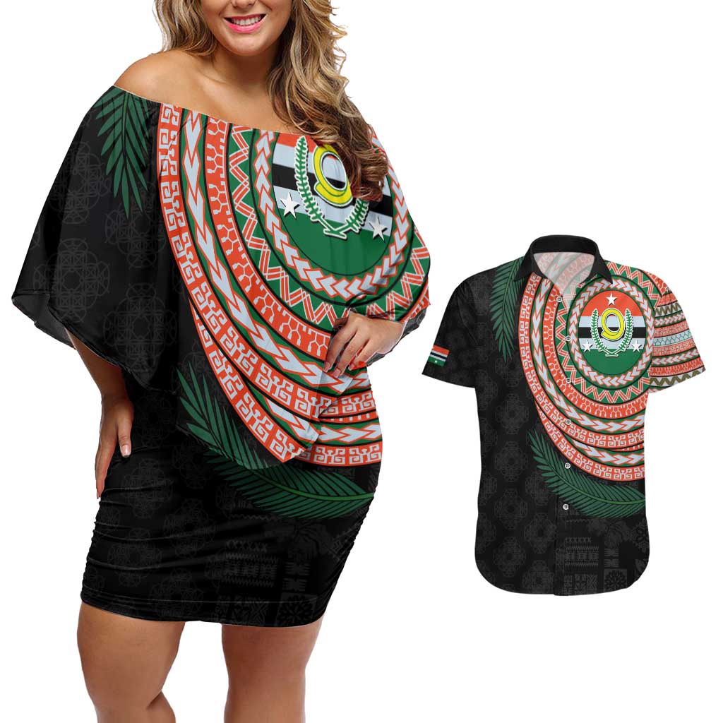 Penama Tribal Tattoo with Namele Leaves Couples Matching Off Shoulder Short Dress and Hawaiian Shirt LT03 Black - Polynesian Pride