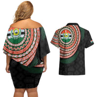Penama Tribal Tattoo with Namele Leaves Couples Matching Off Shoulder Short Dress and Hawaiian Shirt LT03 - Polynesian Pride