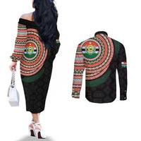 Penama Tribal Tattoo with Namele Leaves Couples Matching Off The Shoulder Long Sleeve Dress and Long Sleeve Button Shirt LT03 - Polynesian Pride