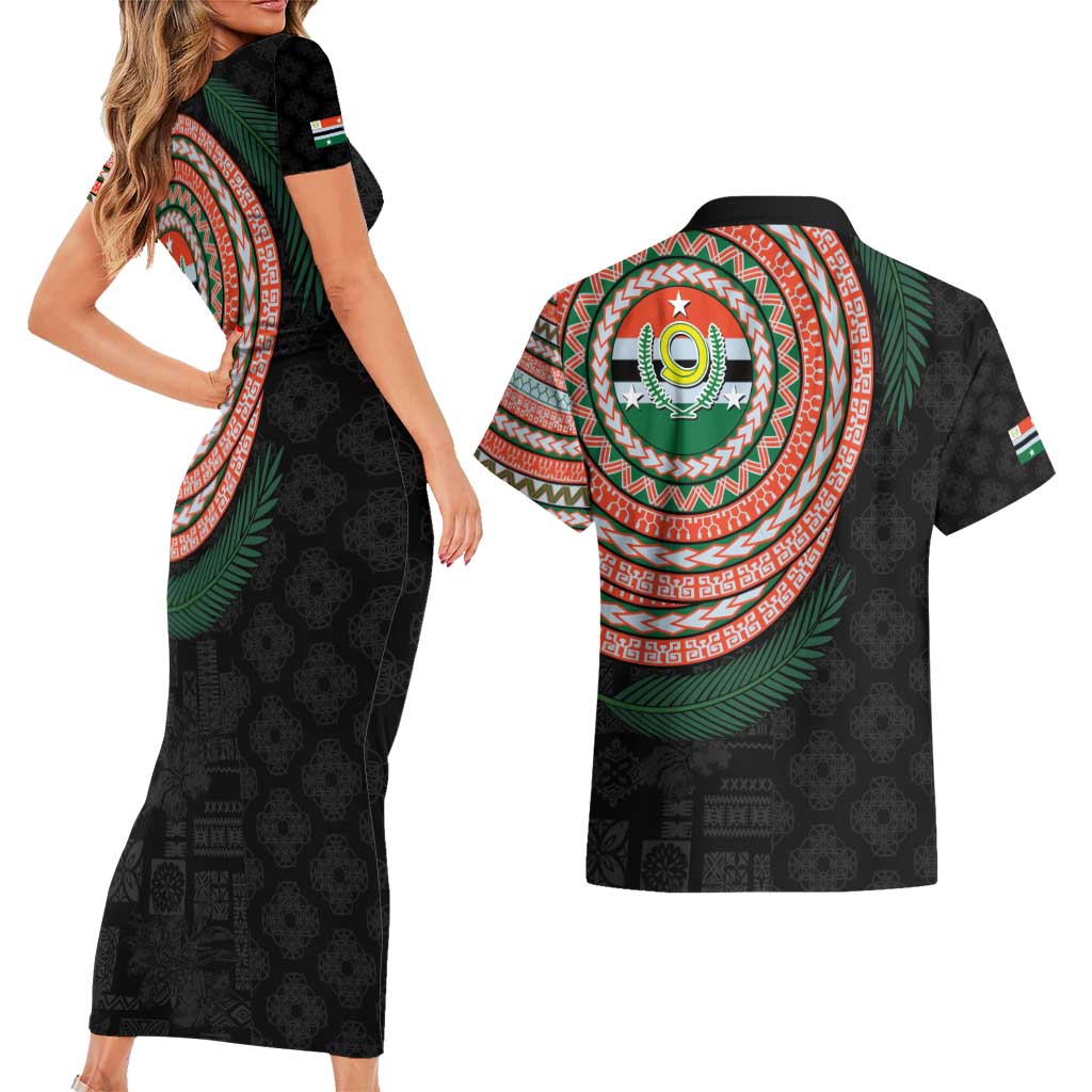 Penama Tribal Tattoo with Namele Leaves Couples Matching Short Sleeve Bodycon Dress and Hawaiian Shirt LT03 - Polynesian Pride