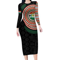Penama Tribal Tattoo with Namele Leaves Family Matching Long Sleeve Bodycon Dress and Hawaiian Shirt LT03 Mom's Dress Black - Polynesian Pride