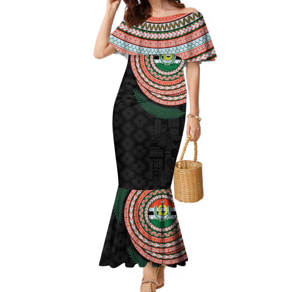 Penama Tribal Tattoo with Namele Leaves Family Matching Mermaid Dress and Hawaiian Shirt LT03 Mom's Dress Black - Polynesian Pride