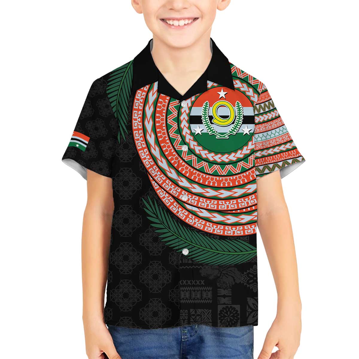 Penama Tribal Tattoo with Namele Leaves Family Matching Off The Shoulder Long Sleeve Dress and Hawaiian Shirt