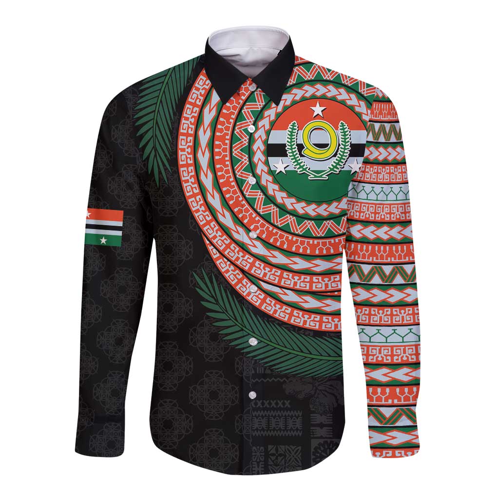 Penama Tribal Tattoo with Namele Leaves Long Sleeve Button Shirt LT03 Unisex Black - Polynesian Pride