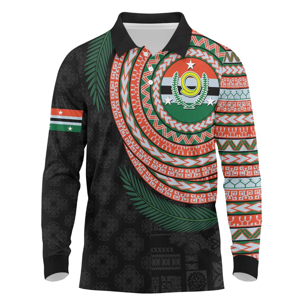 Penama Tribal Tattoo with Namele Leaves Long Sleeve Polo Shirt LT03 Black - Polynesian Pride