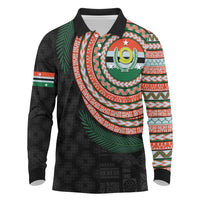 Penama Tribal Tattoo with Namele Leaves Long Sleeve Polo Shirt LT03 Black - Polynesian Pride