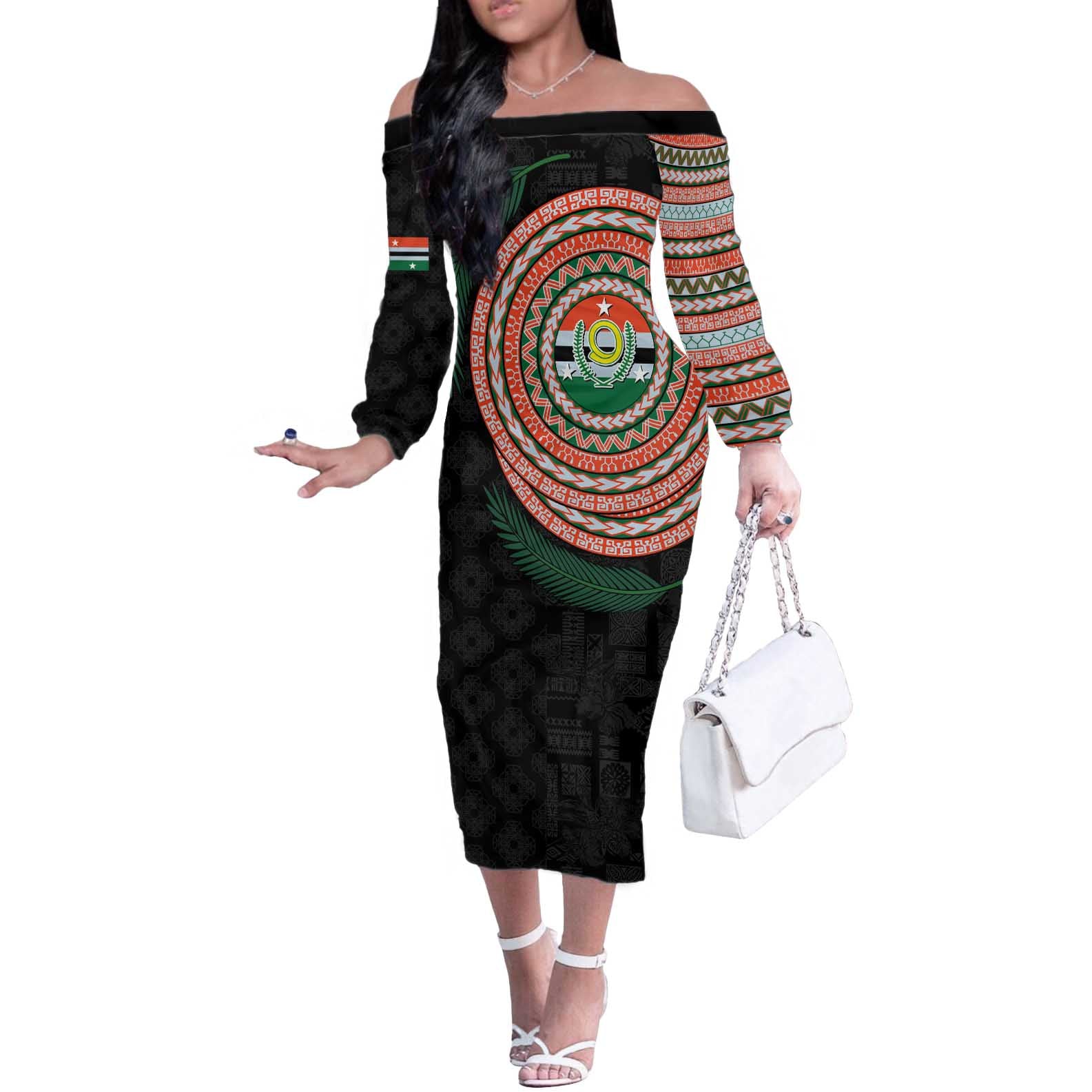 Penama Tribal Tattoo with Namele Leaves Off The Shoulder Long Sleeve Dress
