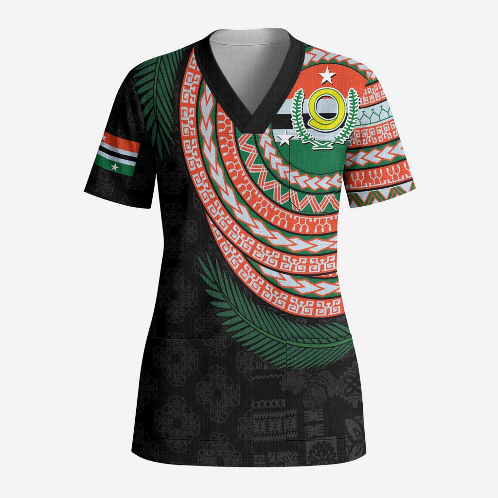 Penama Tribal Tattoo with Namele Leaves Scrub Top - Polynesian Pride