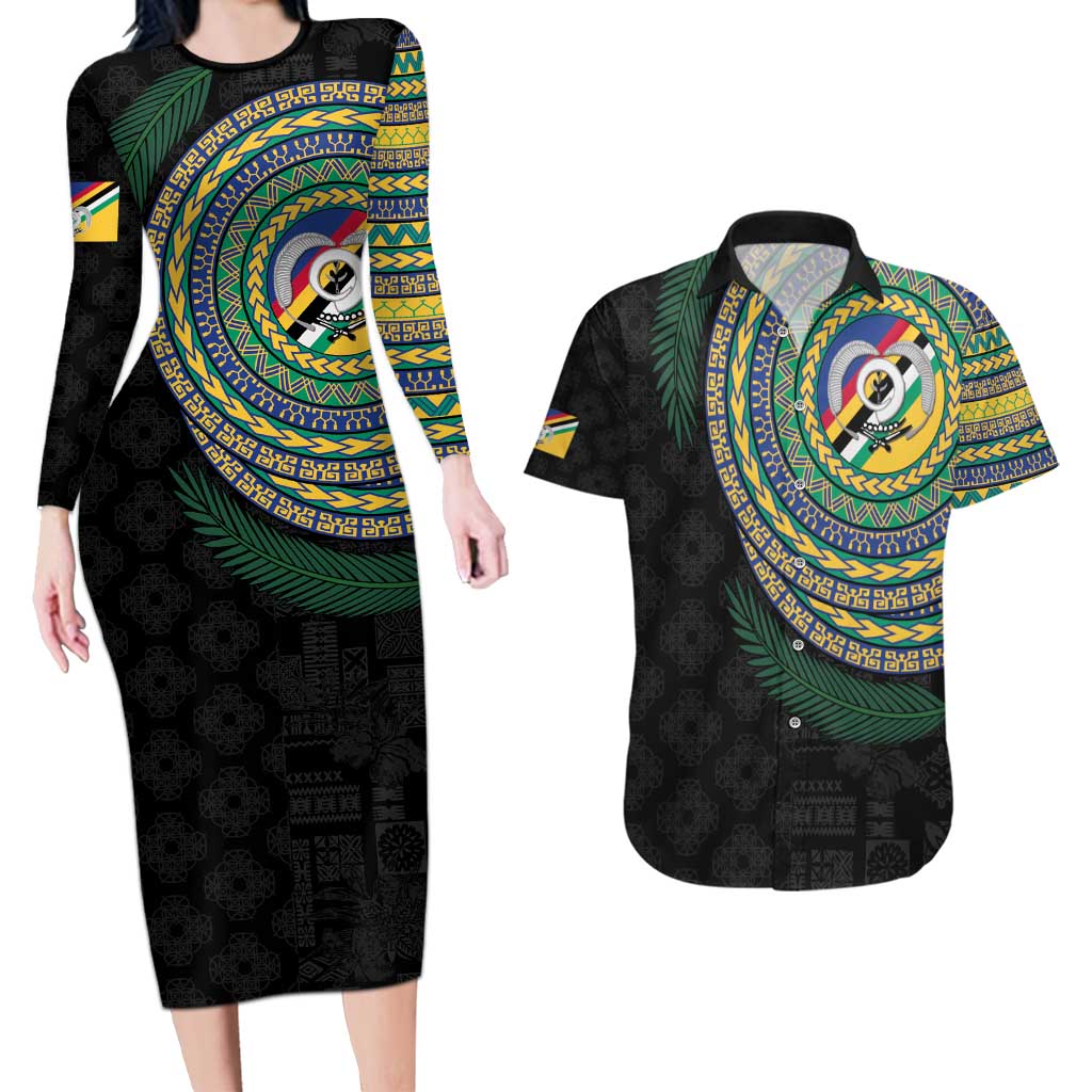 Torba Tribal Tattoo with Namele Leaves Couples Matching Long Sleeve Bodycon Dress and Hawaiian Shirt LT03 Black - Polynesian Pride