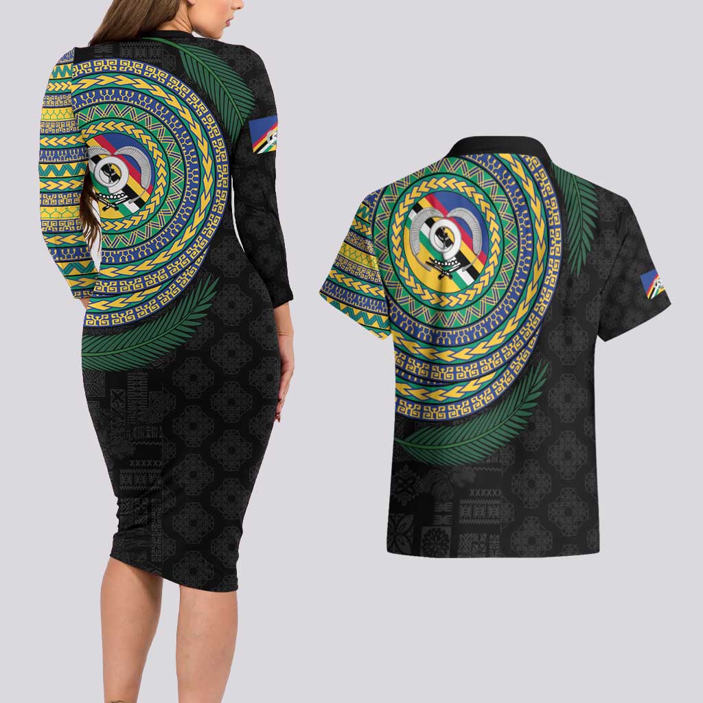Torba Tribal Tattoo with Namele Leaves Couples Matching Long Sleeve Bodycon Dress and Hawaiian Shirt LT03 - Polynesian Pride