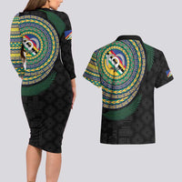 Torba Tribal Tattoo with Namele Leaves Couples Matching Long Sleeve Bodycon Dress and Hawaiian Shirt LT03 - Polynesian Pride