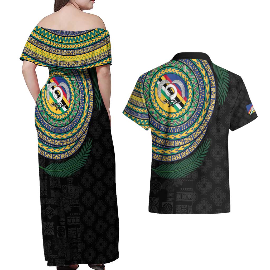 Torba Tribal Tattoo with Namele Leaves Couples Matching Off Shoulder Maxi Dress and Hawaiian Shirt LT03 - Polynesian Pride