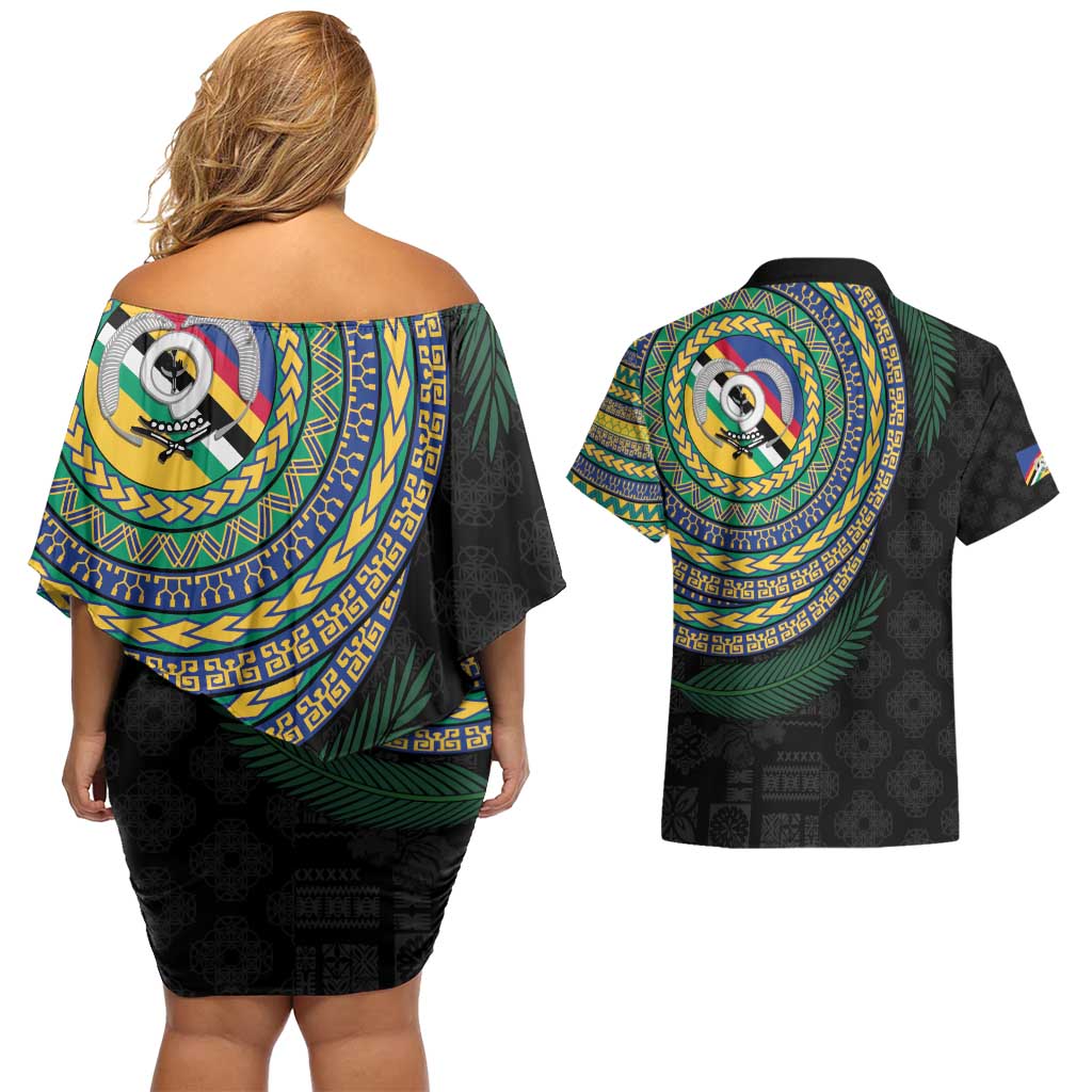 Torba Tribal Tattoo with Namele Leaves Couples Matching Off Shoulder Short Dress and Hawaiian Shirt LT03 - Polynesian Pride