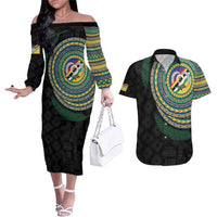 Torba Tribal Tattoo with Namele Leaves Couples Matching Off The Shoulder Long Sleeve Dress and Hawaiian Shirt