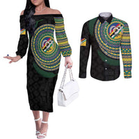Torba Tribal Tattoo with Namele Leaves Couples Matching Off The Shoulder Long Sleeve Dress and Long Sleeve Button Shirt LT03 Black - Polynesian Pride