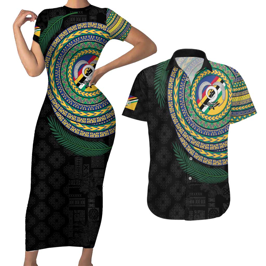 Torba Tribal Tattoo with Namele Leaves Couples Matching Short Sleeve Bodycon Dress and Hawaiian Shirt LT03 Black - Polynesian Pride