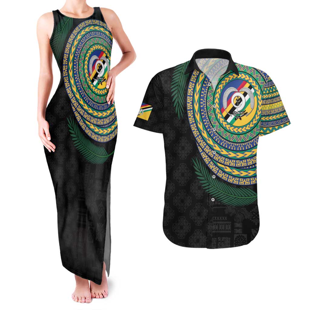 Torba Tribal Tattoo with Namele Leaves Couples Matching Tank Maxi Dress and Hawaiian Shirt LT03 Black - Polynesian Pride