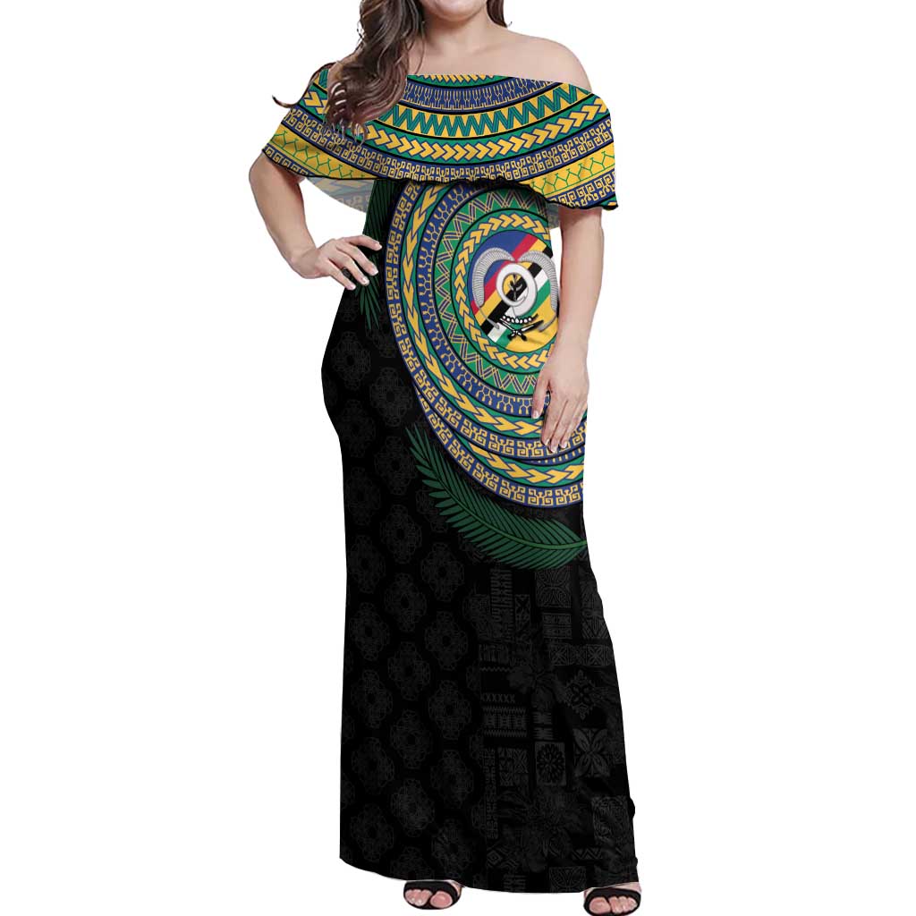 Torba Tribal Tattoo with Namele Leaves Off Shoulder Maxi Dress