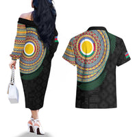 Shefa Tribal Tattoo with Namele Leaves Couples Matching Off The Shoulder Long Sleeve Dress and Hawaiian Shirt