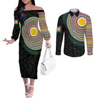 Shefa Tribal Tattoo with Namele Leaves Couples Matching Off The Shoulder Long Sleeve Dress and Long Sleeve Button Shirt LT03 Black - Polynesian Pride