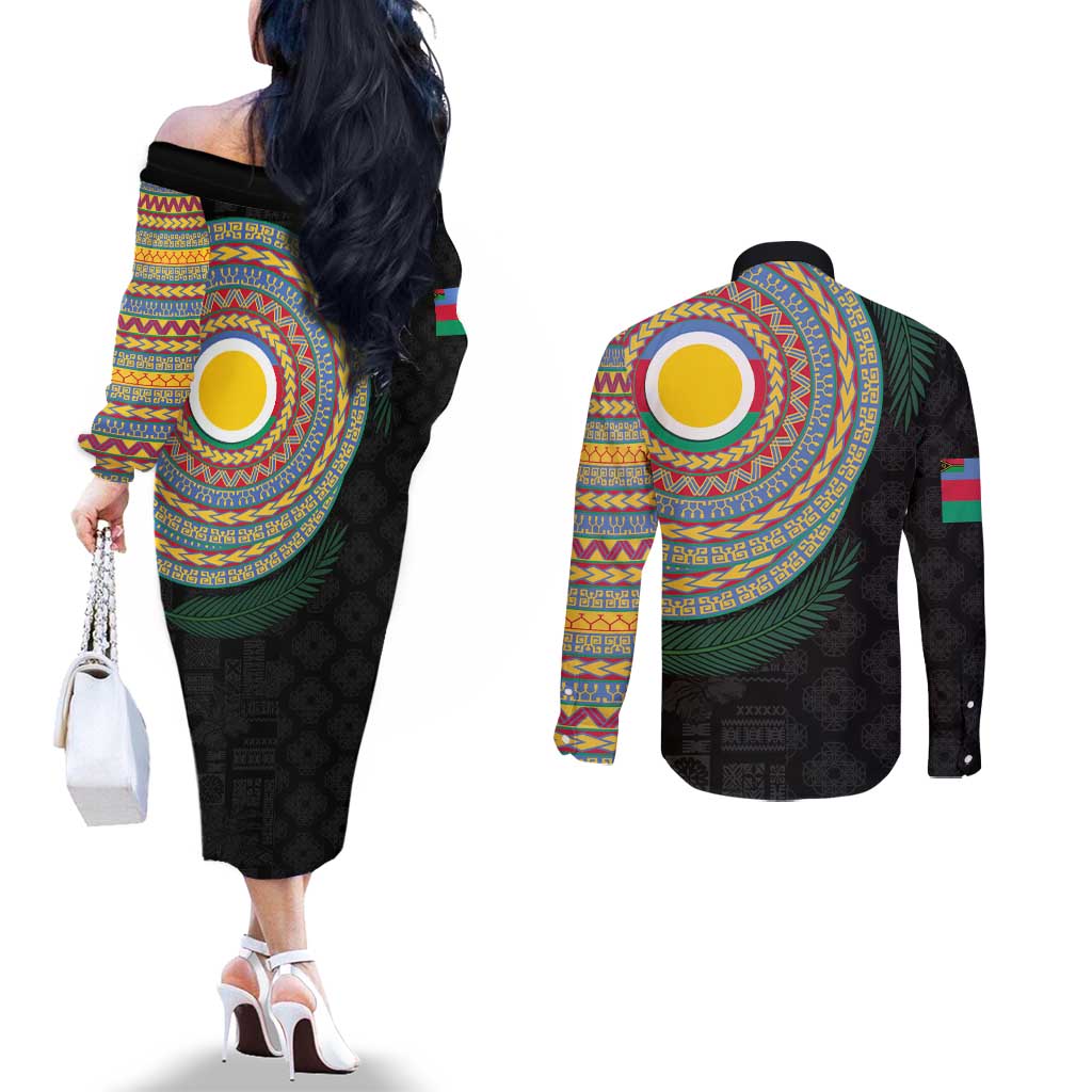 Shefa Tribal Tattoo with Namele Leaves Couples Matching Off The Shoulder Long Sleeve Dress and Long Sleeve Button Shirt LT03 - Polynesian Pride