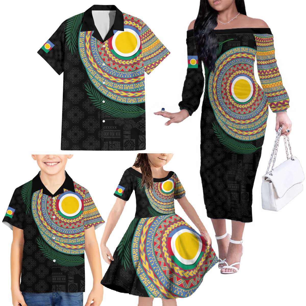 Shefa Tribal Tattoo with Namele Leaves Family Matching Off The Shoulder Long Sleeve Dress and Hawaiian Shirt
