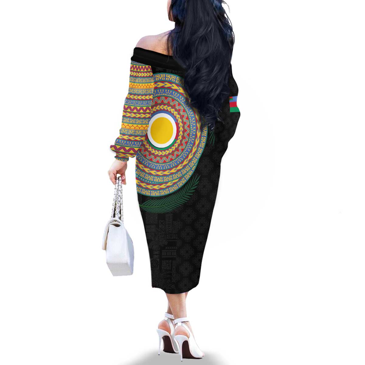 Shefa Tribal Tattoo with Namele Leaves Family Matching Off The Shoulder Long Sleeve Dress and Hawaiian Shirt