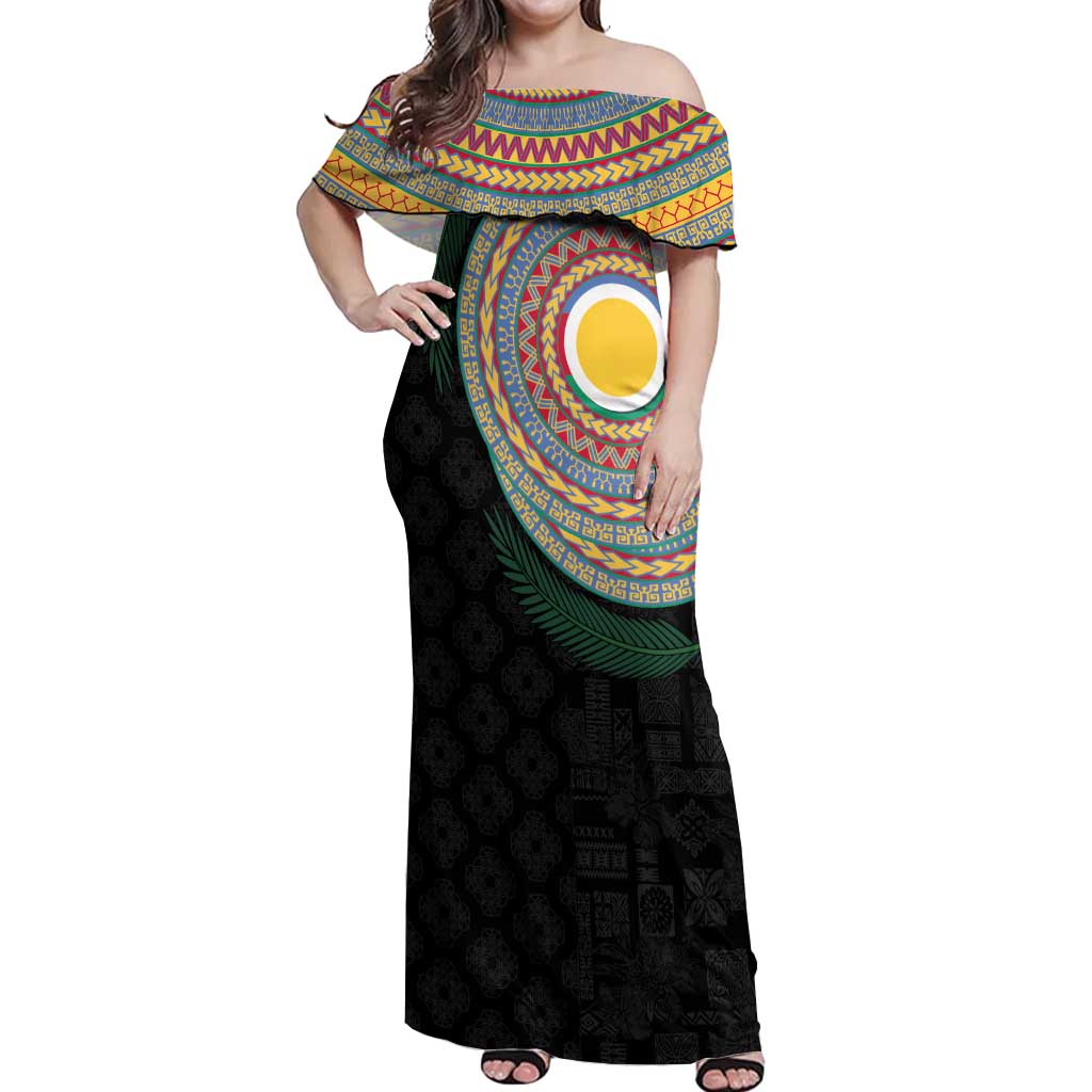 Shefa Tribal Tattoo with Namele Leaves Off Shoulder Maxi Dress