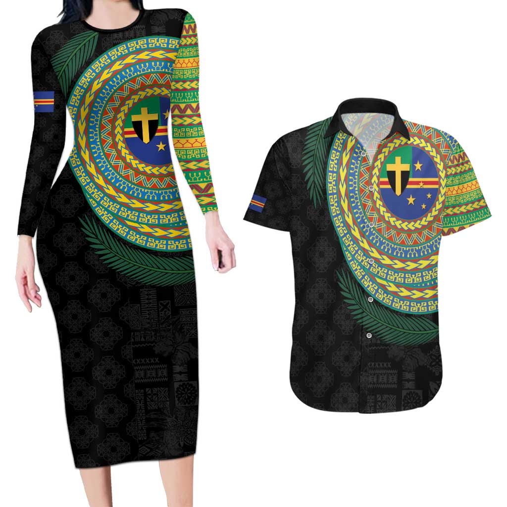 Tafea Tribal Tattoo with Namele Leaves Couples Matching Long Sleeve Bodycon Dress and Hawaiian Shirt