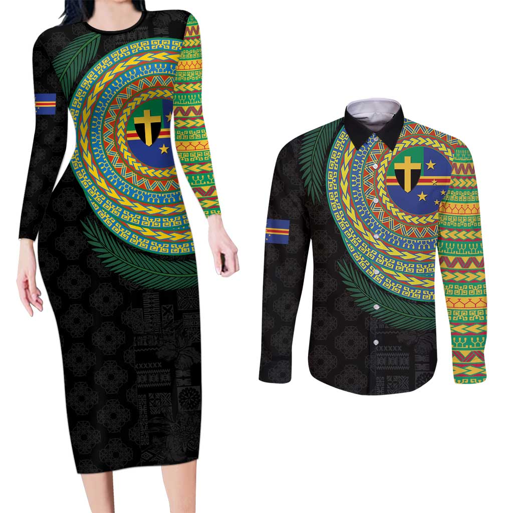 Tafea Tribal Tattoo with Namele Leaves Couples Matching Long Sleeve Bodycon Dress and Long Sleeve Button Shirt LT03 Black - Polynesian Pride