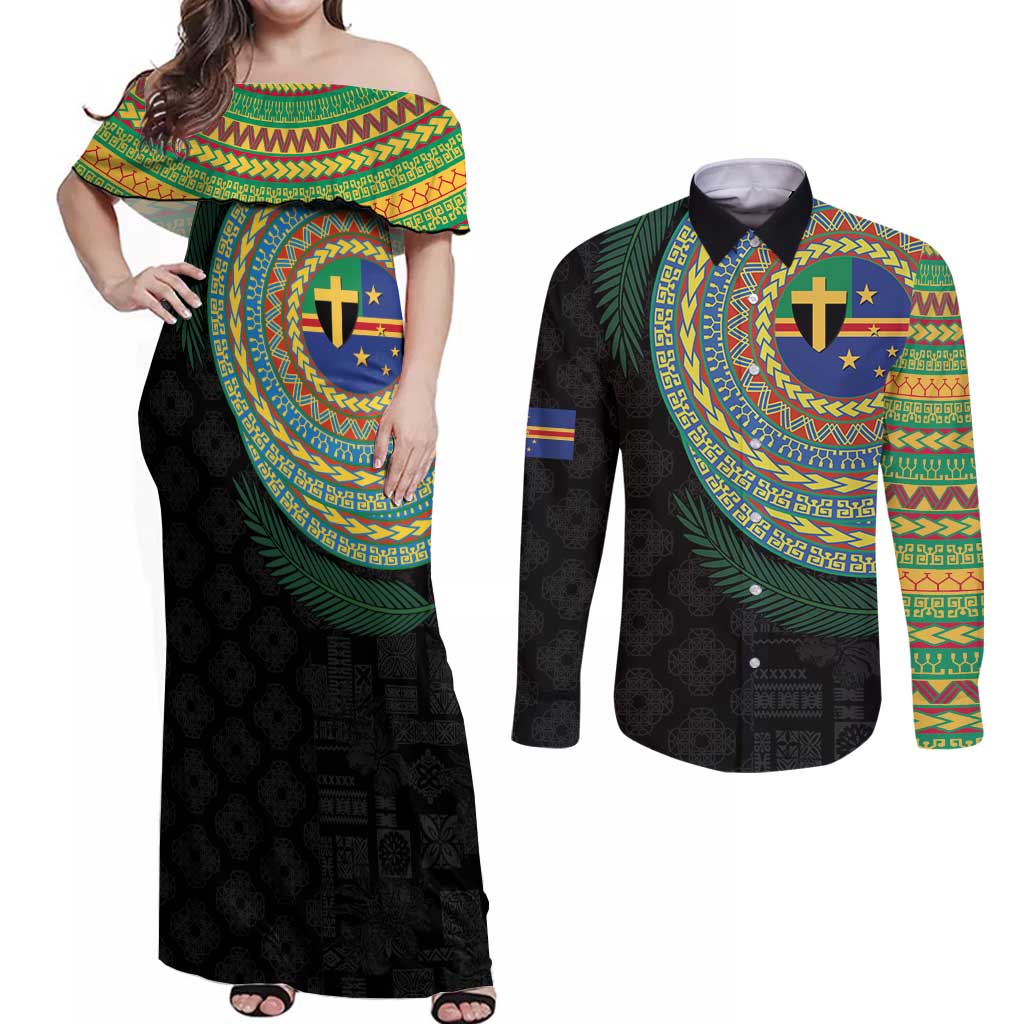 Tafea Tribal Tattoo with Namele Leaves Couples Matching Off Shoulder Maxi Dress and Long Sleeve Button Shirt LT03 Black - Polynesian Pride