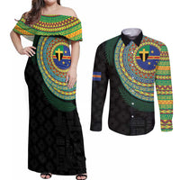 Tafea Tribal Tattoo with Namele Leaves Couples Matching Off Shoulder Maxi Dress and Long Sleeve Button Shirt LT03 Black - Polynesian Pride