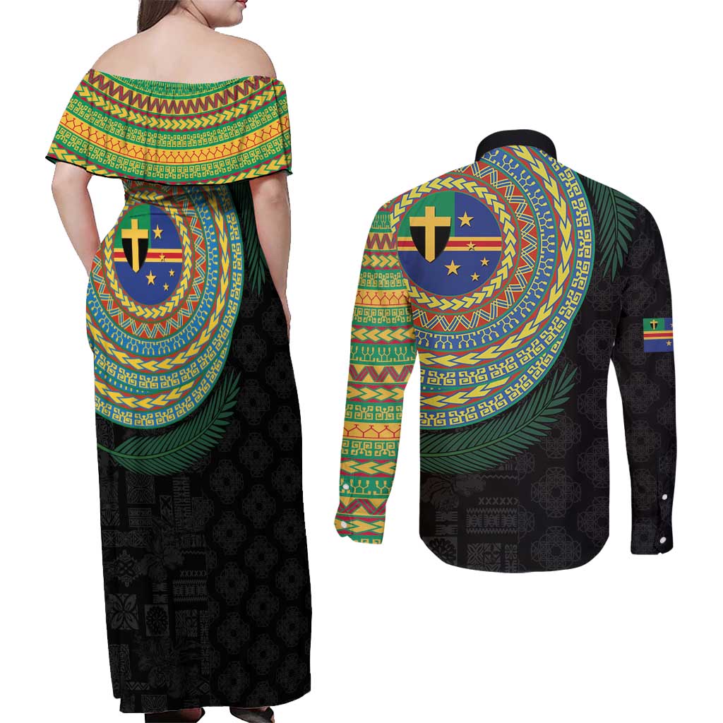 Tafea Tribal Tattoo with Namele Leaves Couples Matching Off Shoulder Maxi Dress and Long Sleeve Button Shirt LT03 - Polynesian Pride