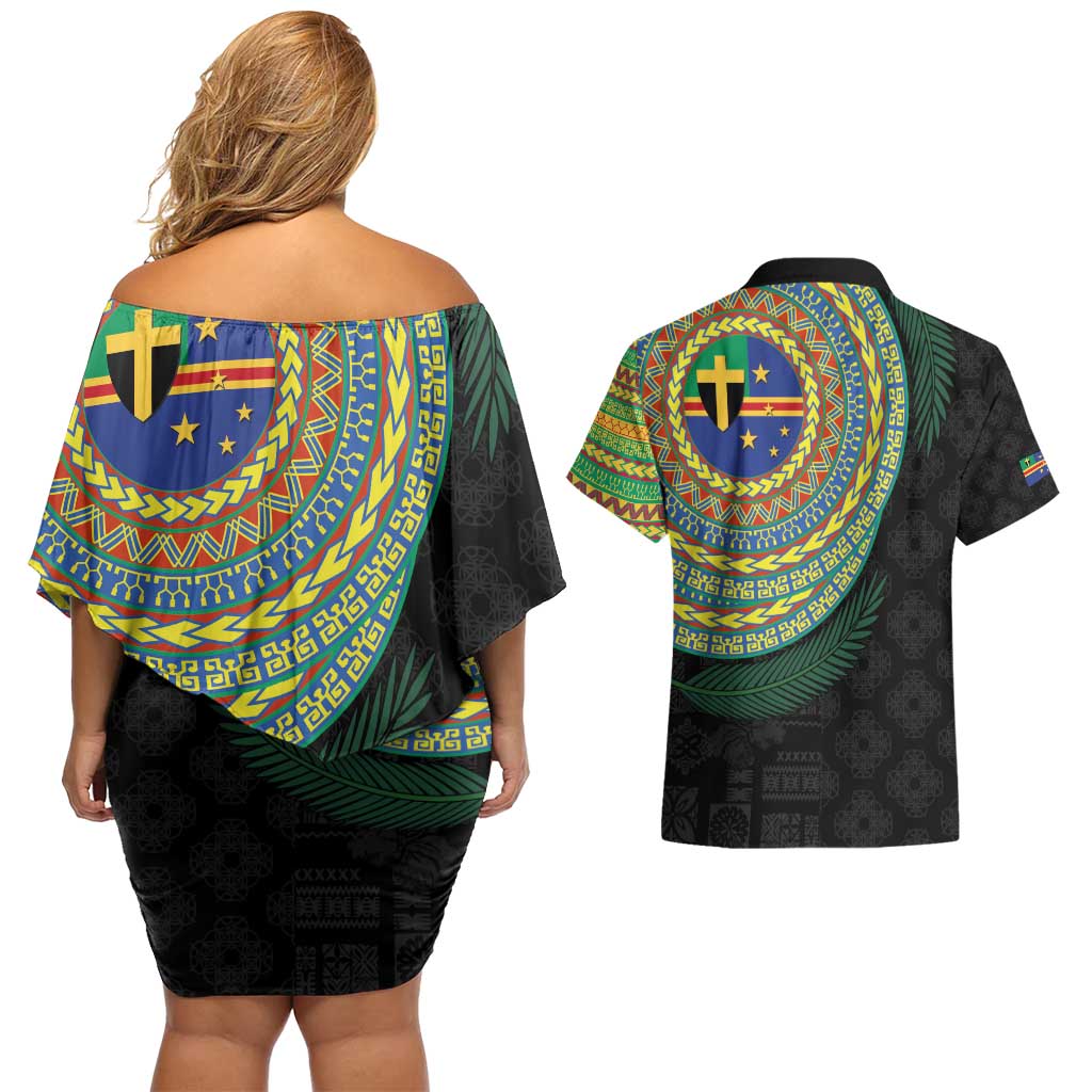 Tafea Tribal Tattoo with Namele Leaves Couples Matching Off Shoulder Short Dress and Hawaiian Shirt