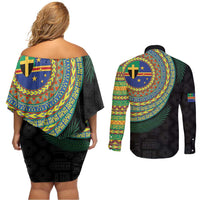 Tafea Tribal Tattoo with Namele Leaves Couples Matching Off Shoulder Short Dress and Long Sleeve Button Shirt LT03 - Polynesian Pride