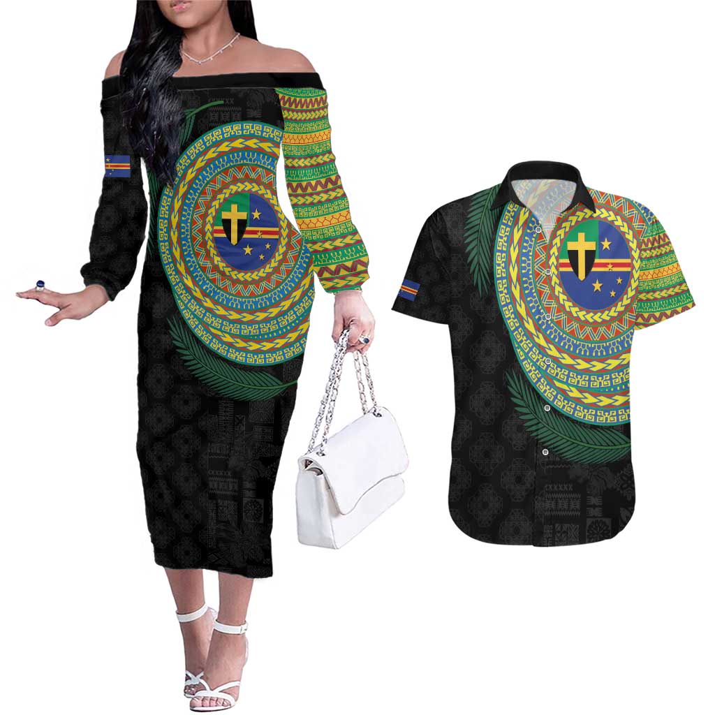 Tafea Tribal Tattoo with Namele Leaves Couples Matching Off The Shoulder Long Sleeve Dress and Hawaiian Shirt