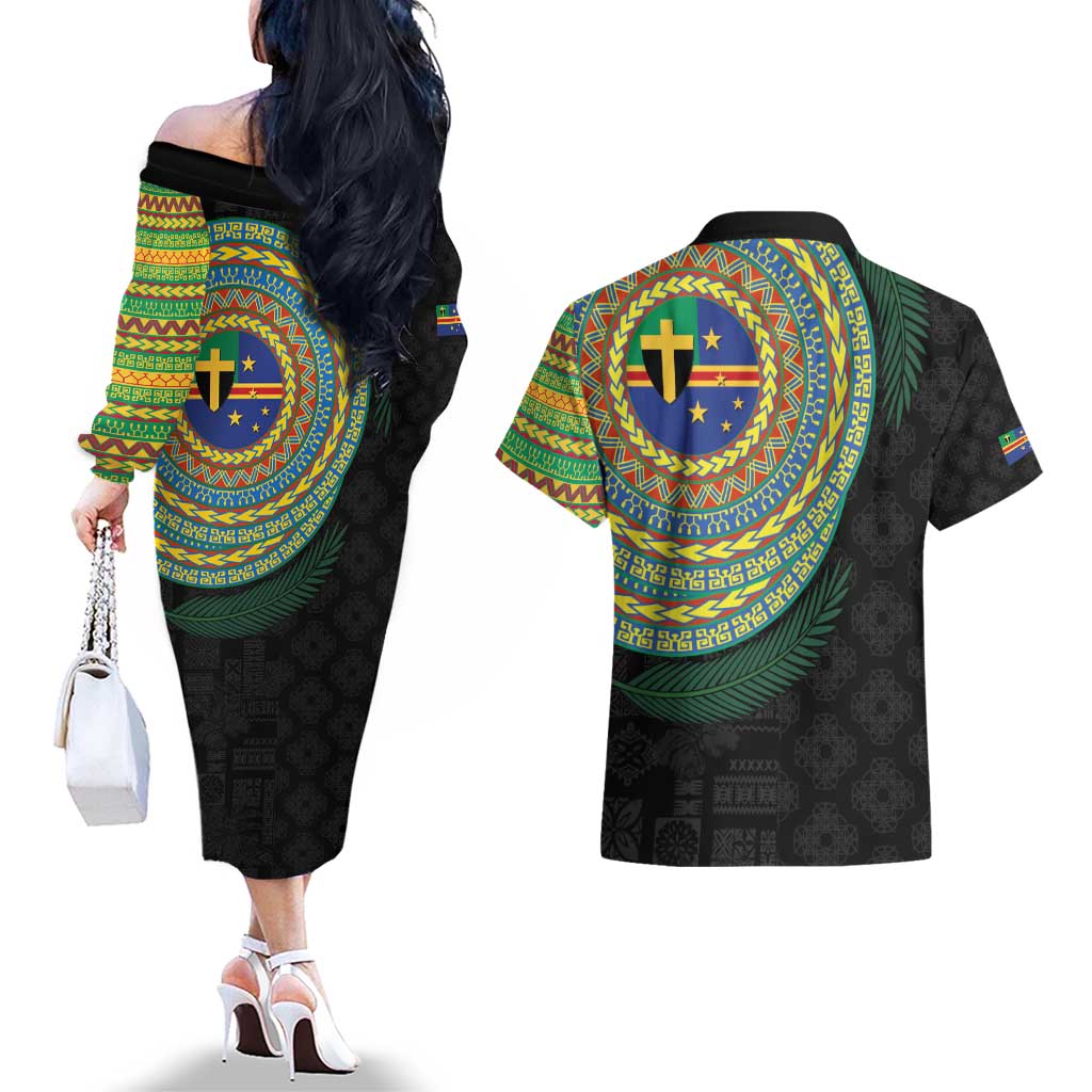 Tafea Tribal Tattoo with Namele Leaves Couples Matching Off The Shoulder Long Sleeve Dress and Hawaiian Shirt