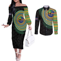Tafea Tribal Tattoo with Namele Leaves Couples Matching Off The Shoulder Long Sleeve Dress and Long Sleeve Button Shirt LT03 Black - Polynesian Pride