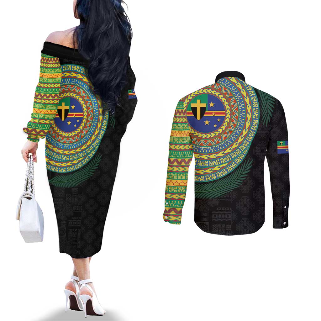Tafea Tribal Tattoo with Namele Leaves Couples Matching Off The Shoulder Long Sleeve Dress and Long Sleeve Button Shirt LT03 - Polynesian Pride